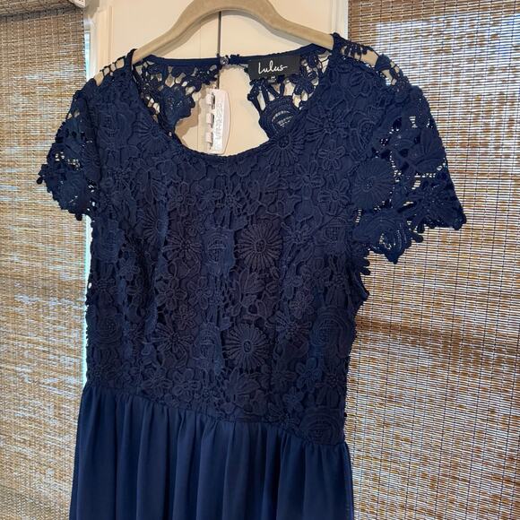 Lulus The Greatest Navy Blue Maxi Dress Open Back Chiffon Lace Size M Weddings - Picture 4 of 13